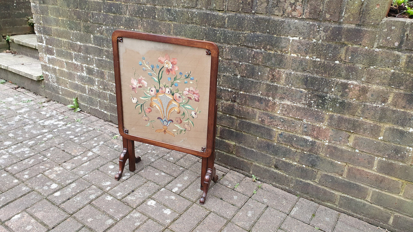 Vintage Victorian Mahogany Fire Screen With Fold Up Foldaway Table Option Embroidery