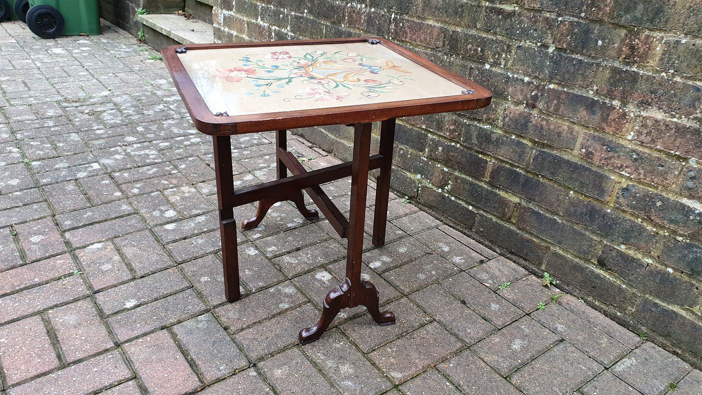 Vintage Victorian Mahogany Fire Screen With Fold Up Foldaway Table Option Embroidery