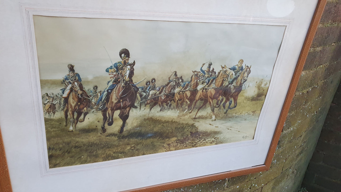 Huge W. B. Wollen Peninsula War Colour Art Print British Painting Napoleonic Battle Cavalry Guns Framed 73 x 55 cm