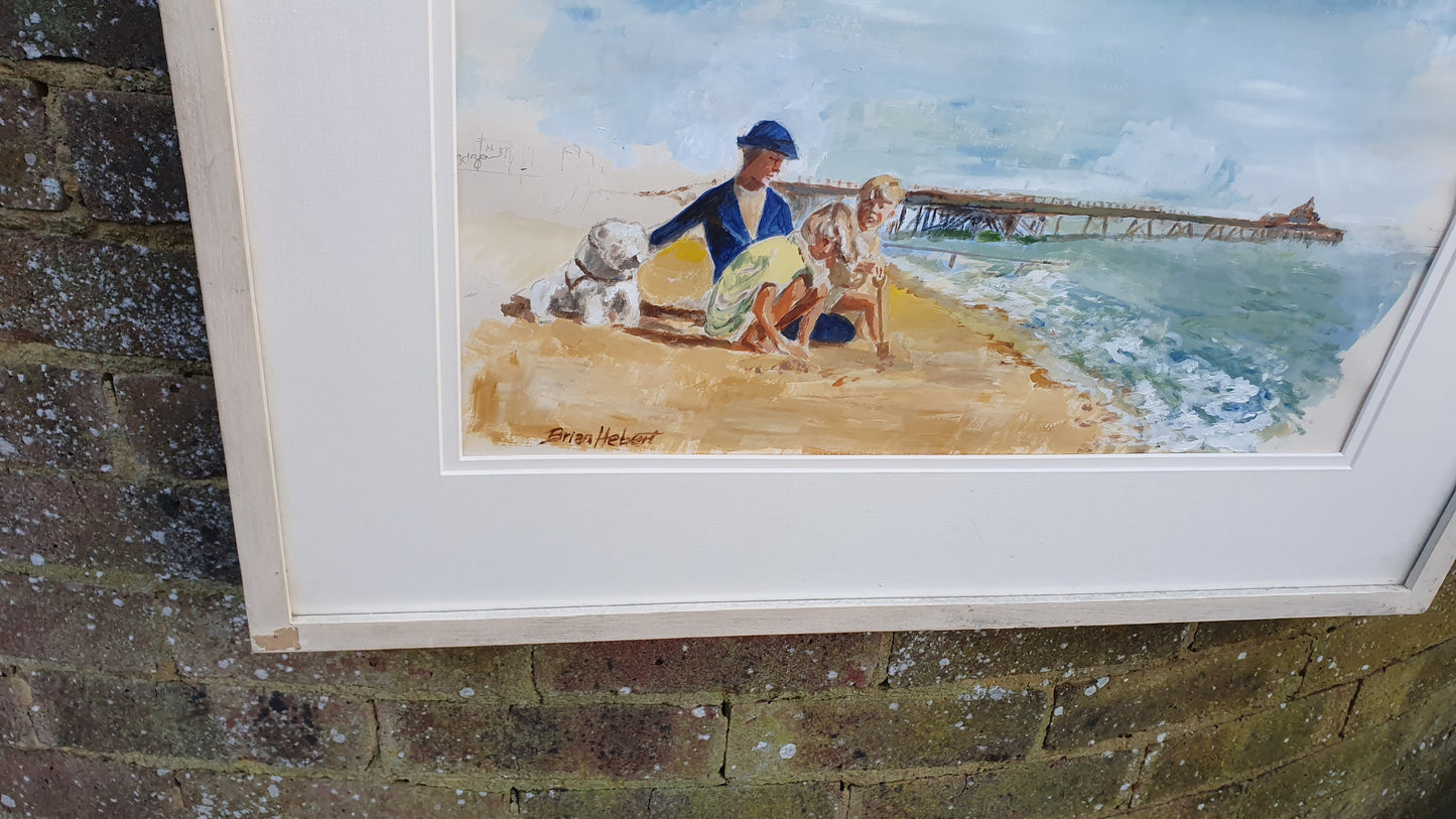 Large Family on English Beach with Pier Original Vintage Artwork Signed Summer Seaside Framed Deep White Frame 70.5 x 54.5 x 3.5 cm