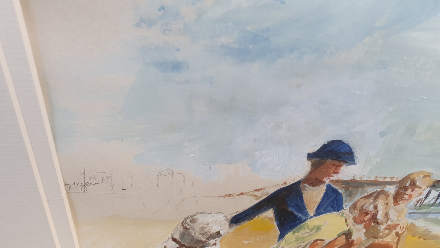 Large Family on English Beach with Pier Original Vintage Artwork Signed Summer Seaside Framed Deep White Frame 70.5 x 54.5 x 3.5 cm
