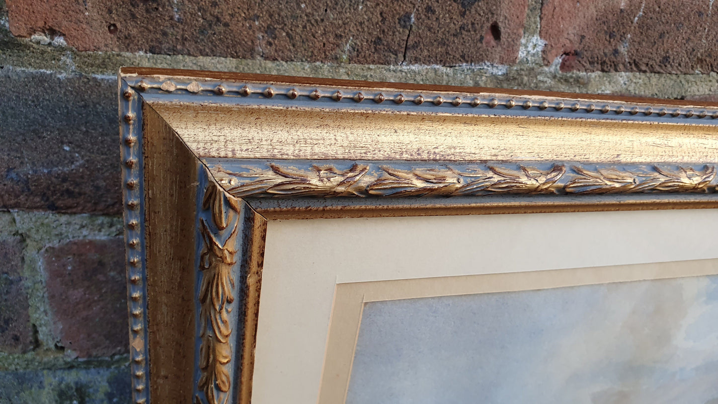 Scottish Loch Original Vintage Watercolour Painting English Lake Patterned Gilt Frame