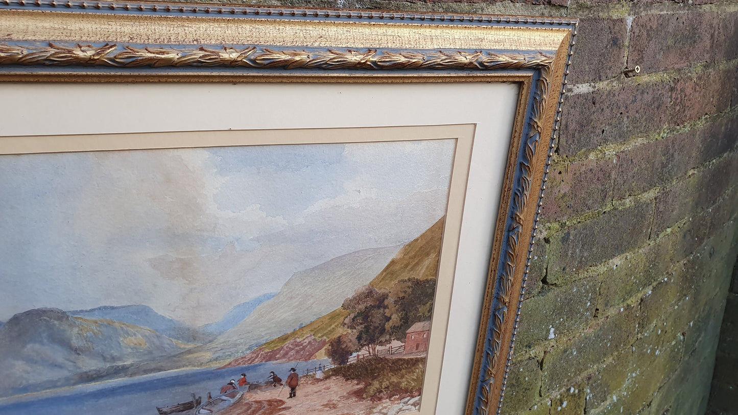 Scottish Loch Original Vintage Watercolour Painting English Lake Patterned Gilt Frame
