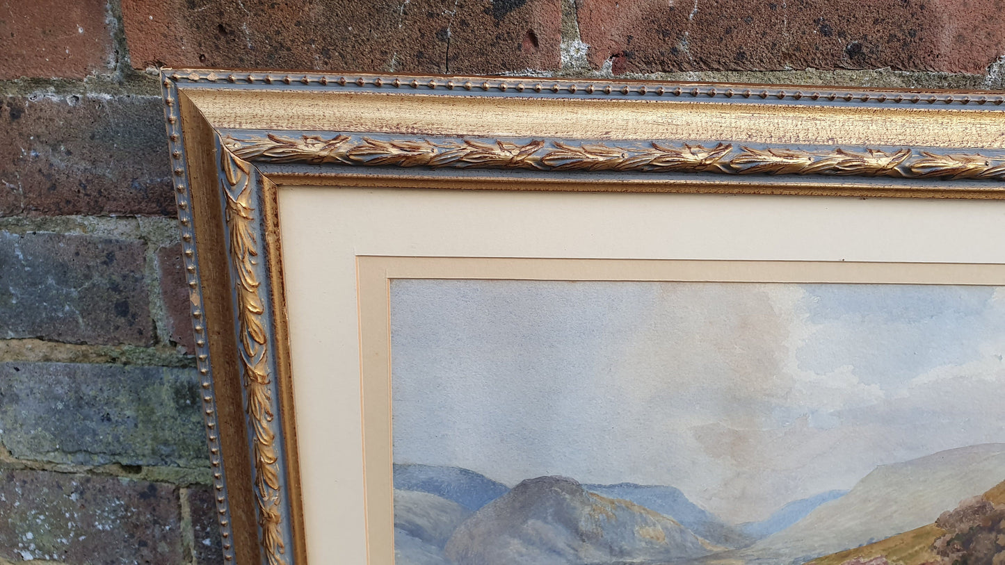 Scottish Loch Original Vintage Watercolour Painting English Lake Patterned Gilt Frame