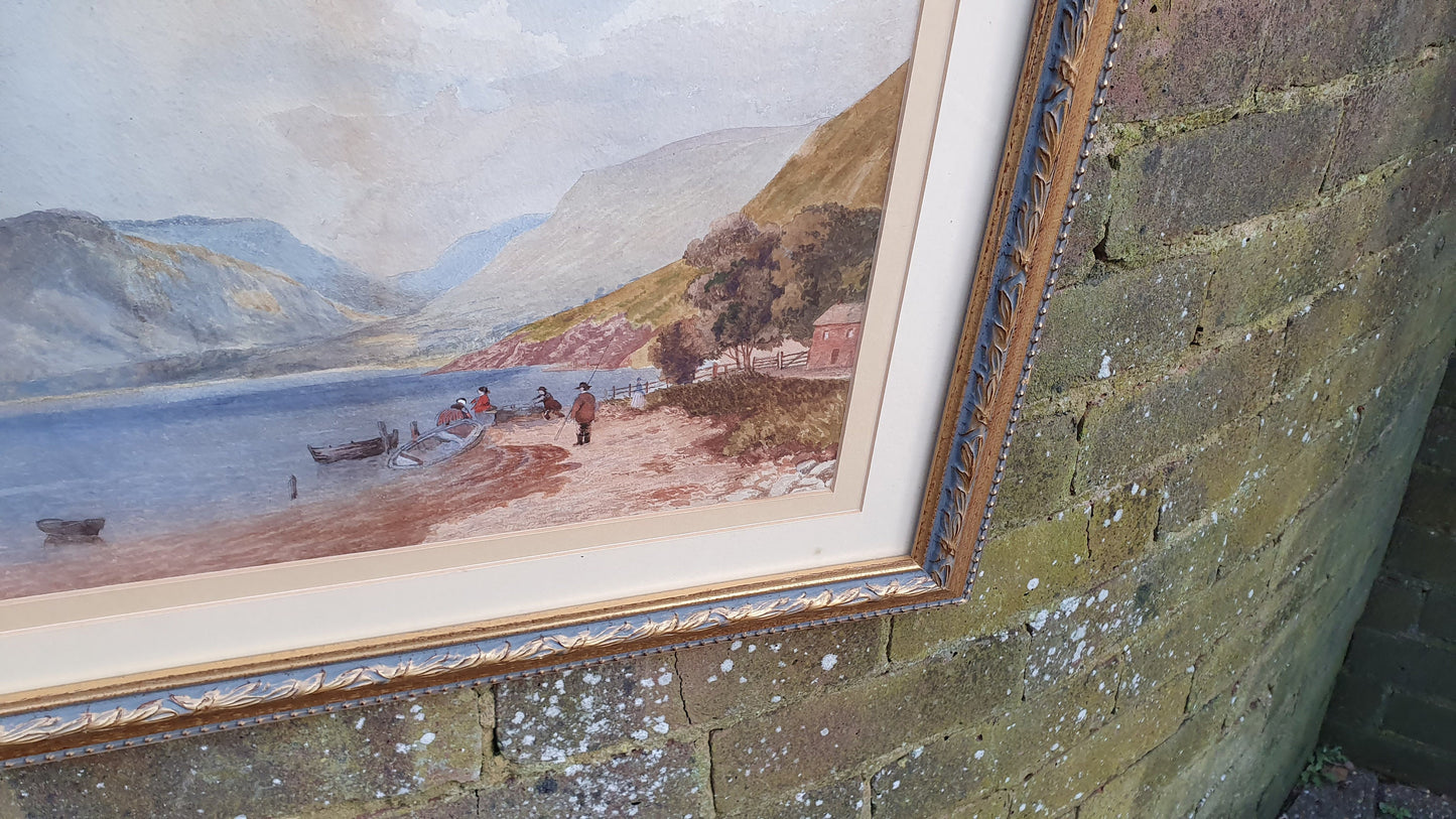 Scottish Loch Original Vintage Watercolour Painting English Lake Patterned Gilt Frame