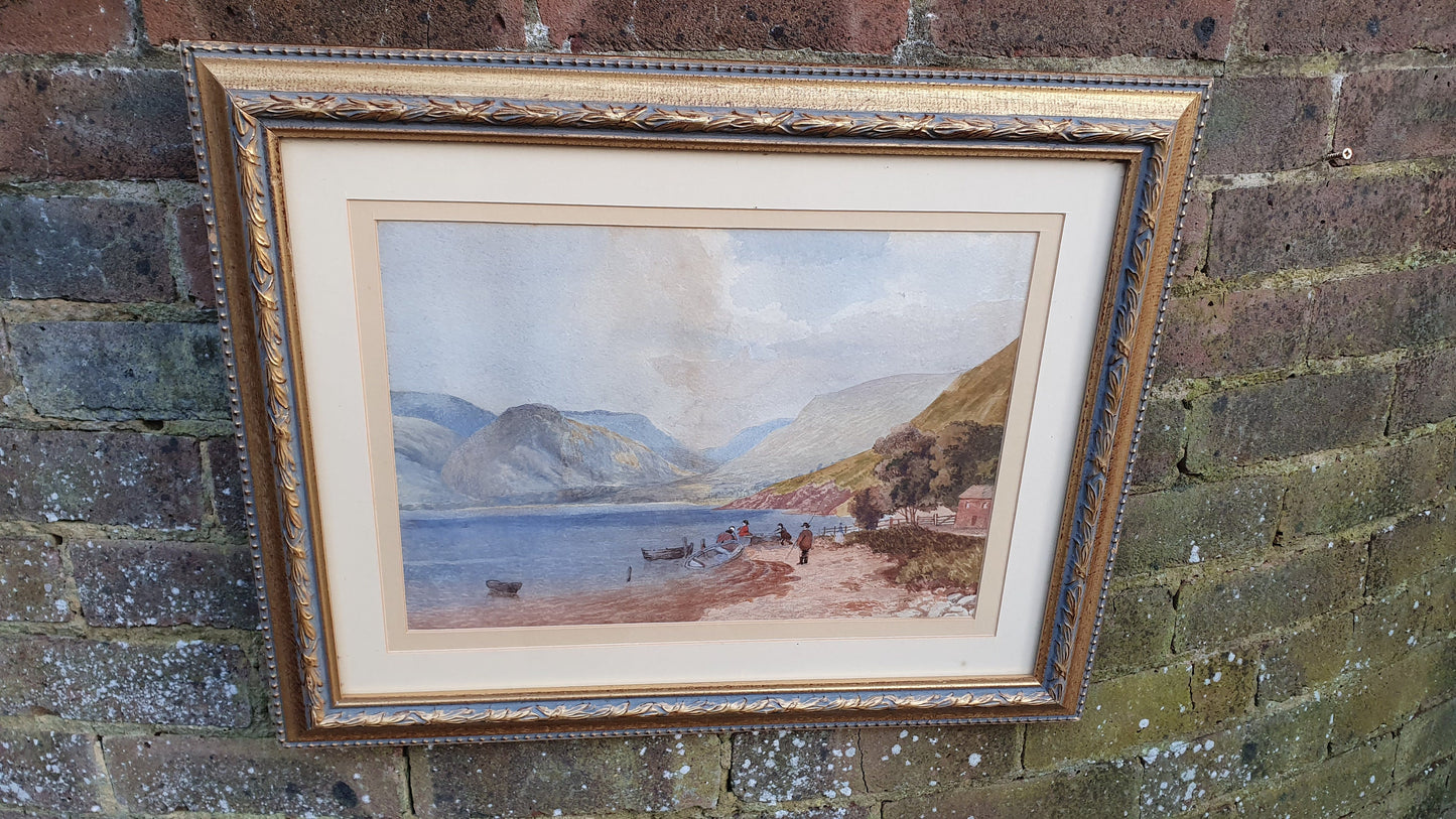 Scottish Loch Original Vintage Watercolour Painting English Lake Patterned Gilt Frame