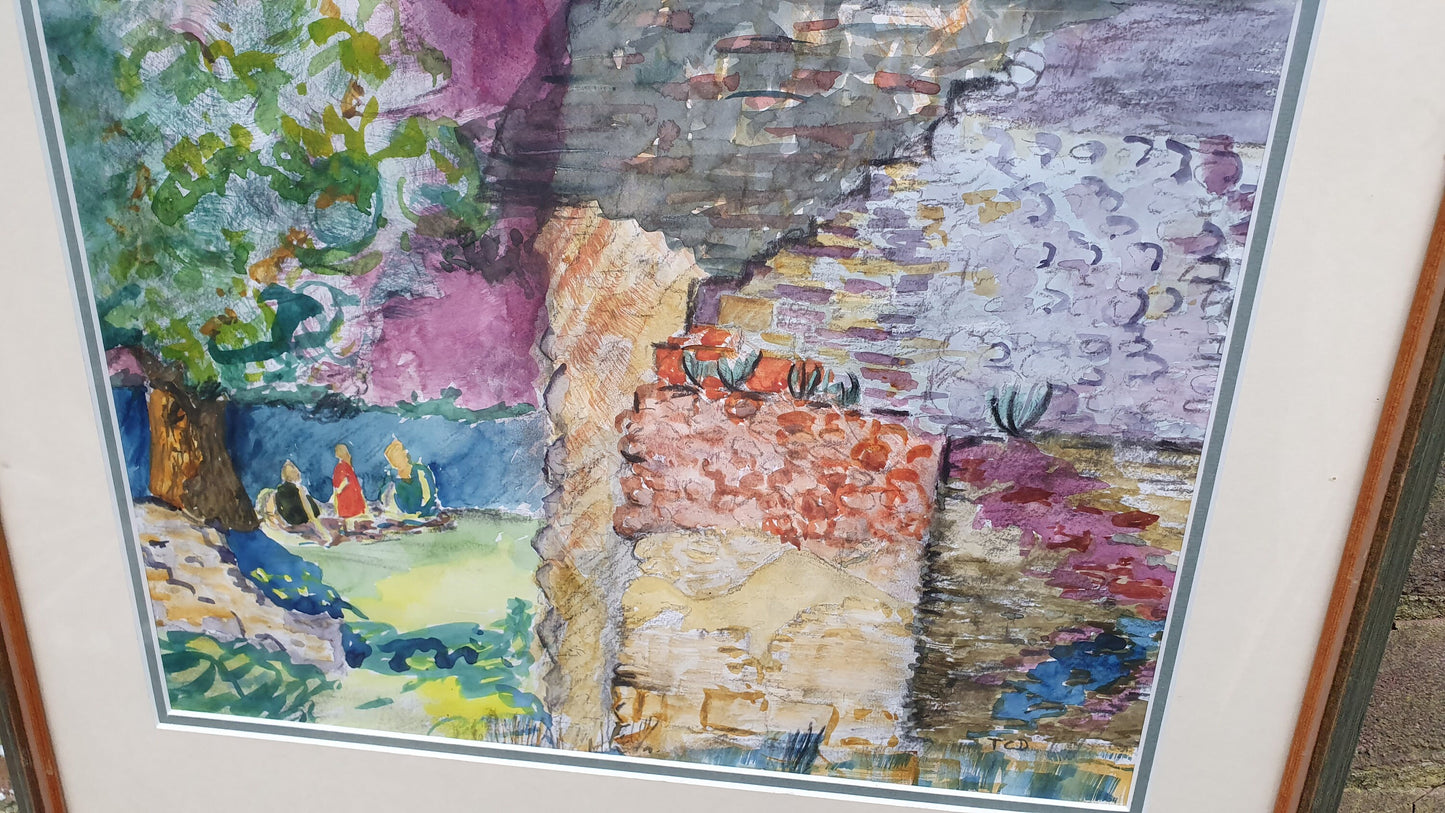 Watercolour 'Picnic at Waverley Abbey' Theresa Dupuis Signed Watercolour Original British Impressionist Artwork Framed