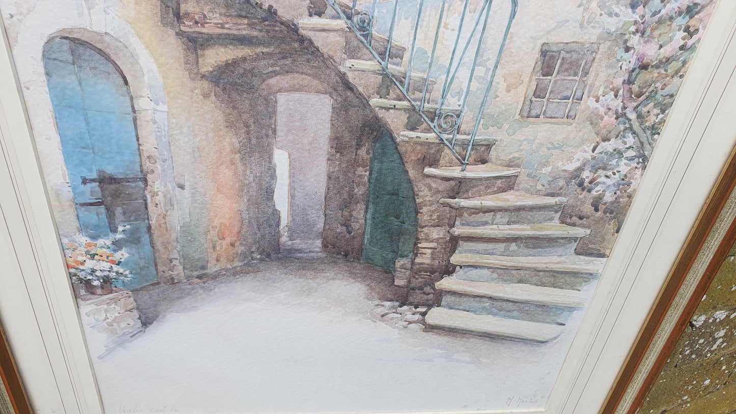 Huge Wonderful 'Vecchio Cortile' Italian Original Signed M. Marten Watercolour Sicily Cottage Steps Framed 74 x 54.5 cm