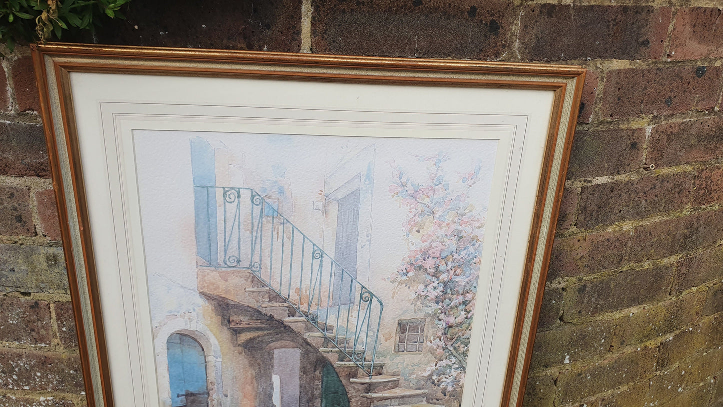 Huge Wonderful 'Vecchio Cortile' Italian Original Signed M. Marten Watercolour Sicily Cottage Steps Framed 74 x 54.5 cm