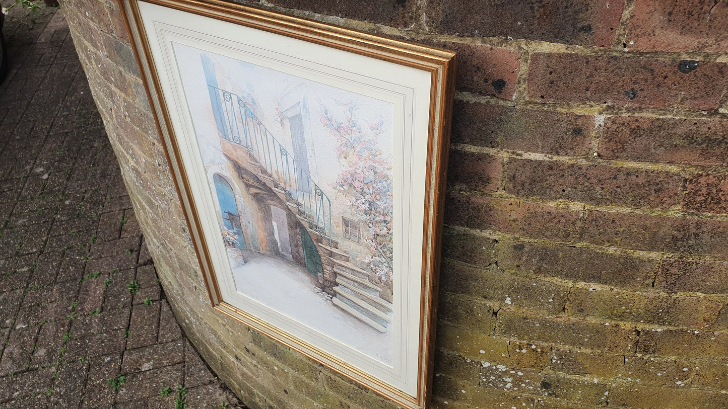 Huge Wonderful 'Vecchio Cortile' Italian Original Signed M. Marten Watercolour Sicily Cottage Steps Framed 74 x 54.5 cm