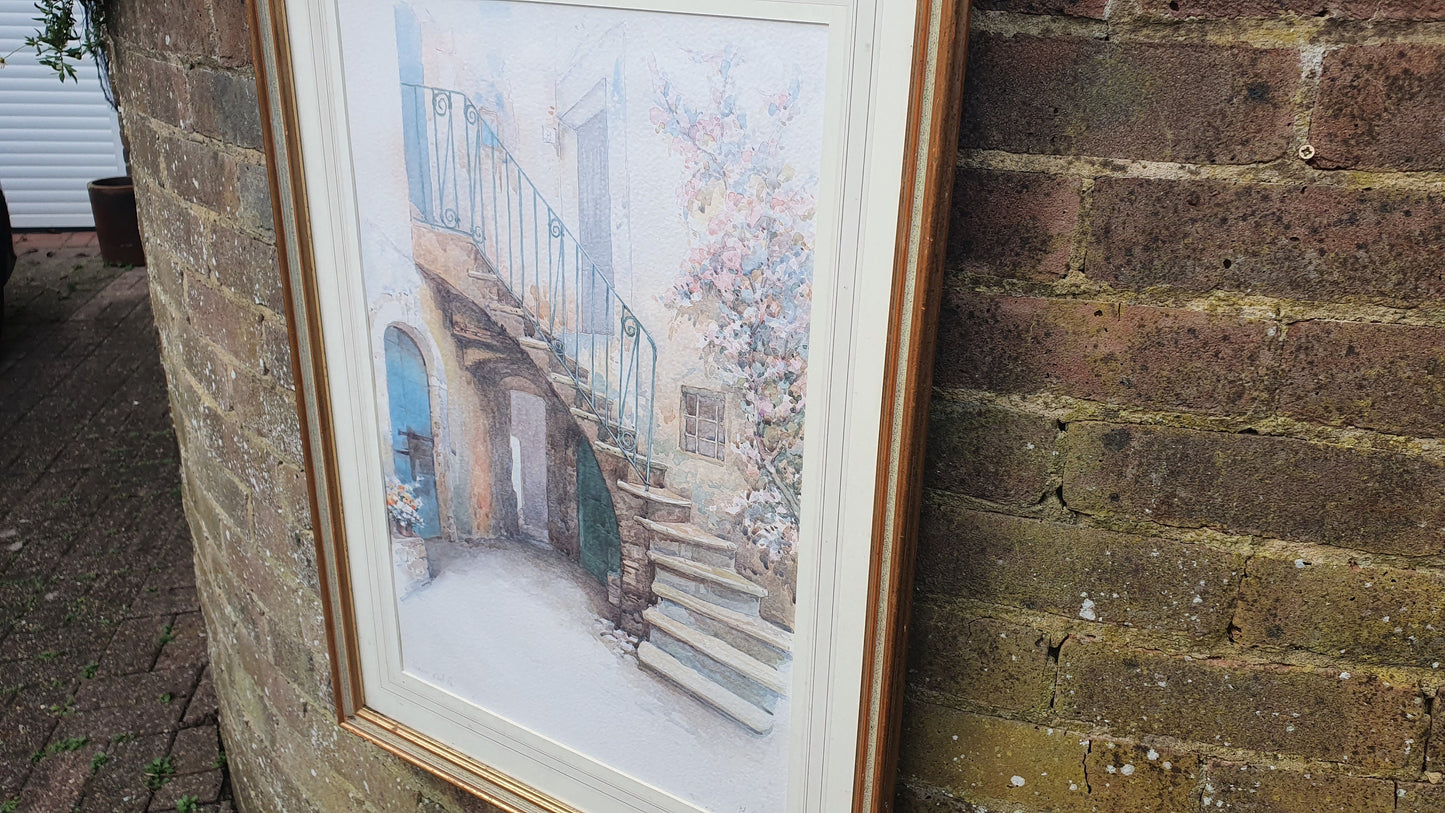 Huge Wonderful 'Vecchio Cortile' Italian Original Signed M. Marten Watercolour Sicily Cottage Steps Framed 74 x 54.5 cm