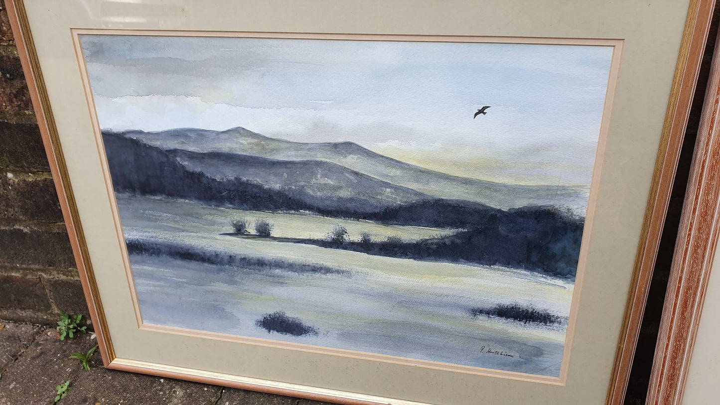 Large Quality Pair of Landscape Watercolours Vintage British Artwork Signed Impressionist Forest Hills River Countryside Framed