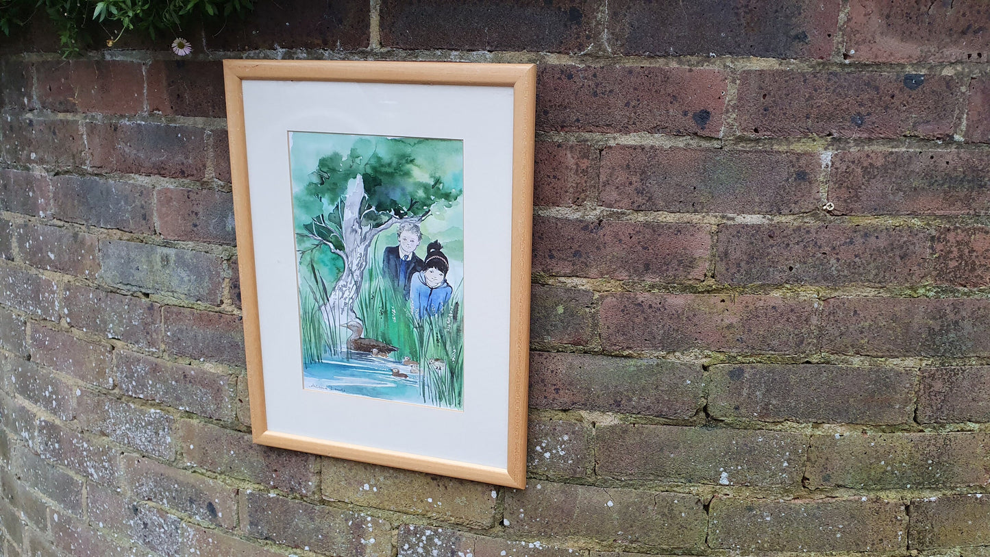 Alma Dowle Children & Ducklings Signed Watercolour Original British Art River Wildlife Countryside Framed