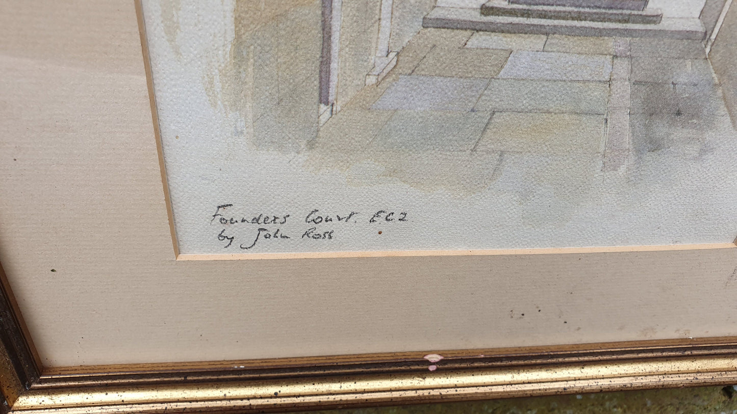 Rare Collectible 'Founders Court EC2' John Ross Vintage Watercolour London Georgian Architecture Original British Art Gilt Frame