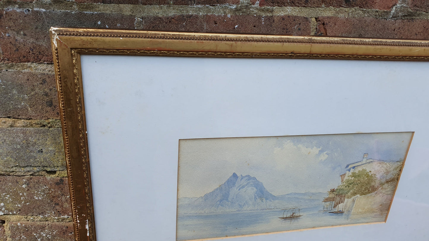 Deightful Lakeside Vintage Watercolour Original Art Summer Landscape Gilt frame