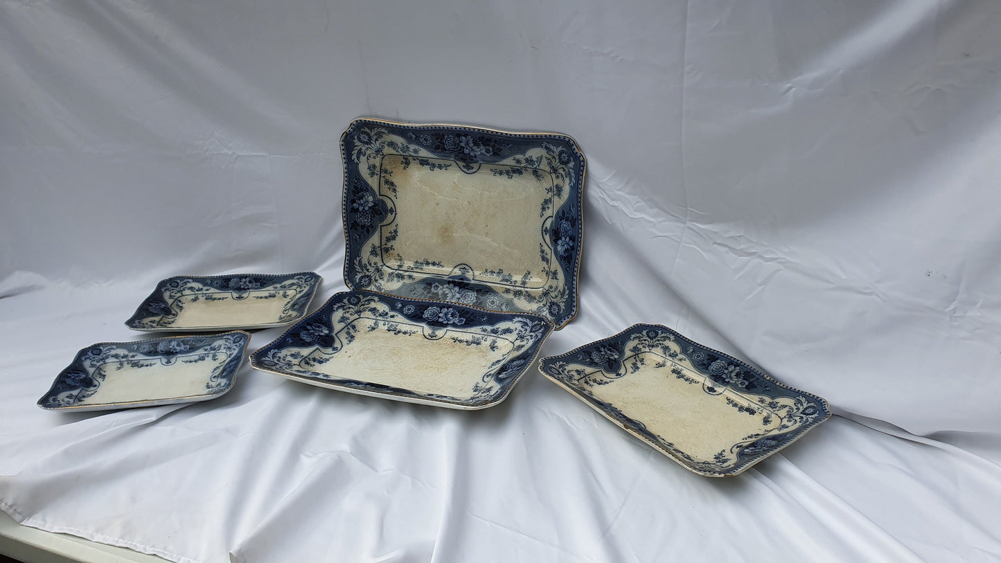 5 Stunning Set Victorian Serving Meat Platers Plates Blue and White F and Sons Argyle Burslem