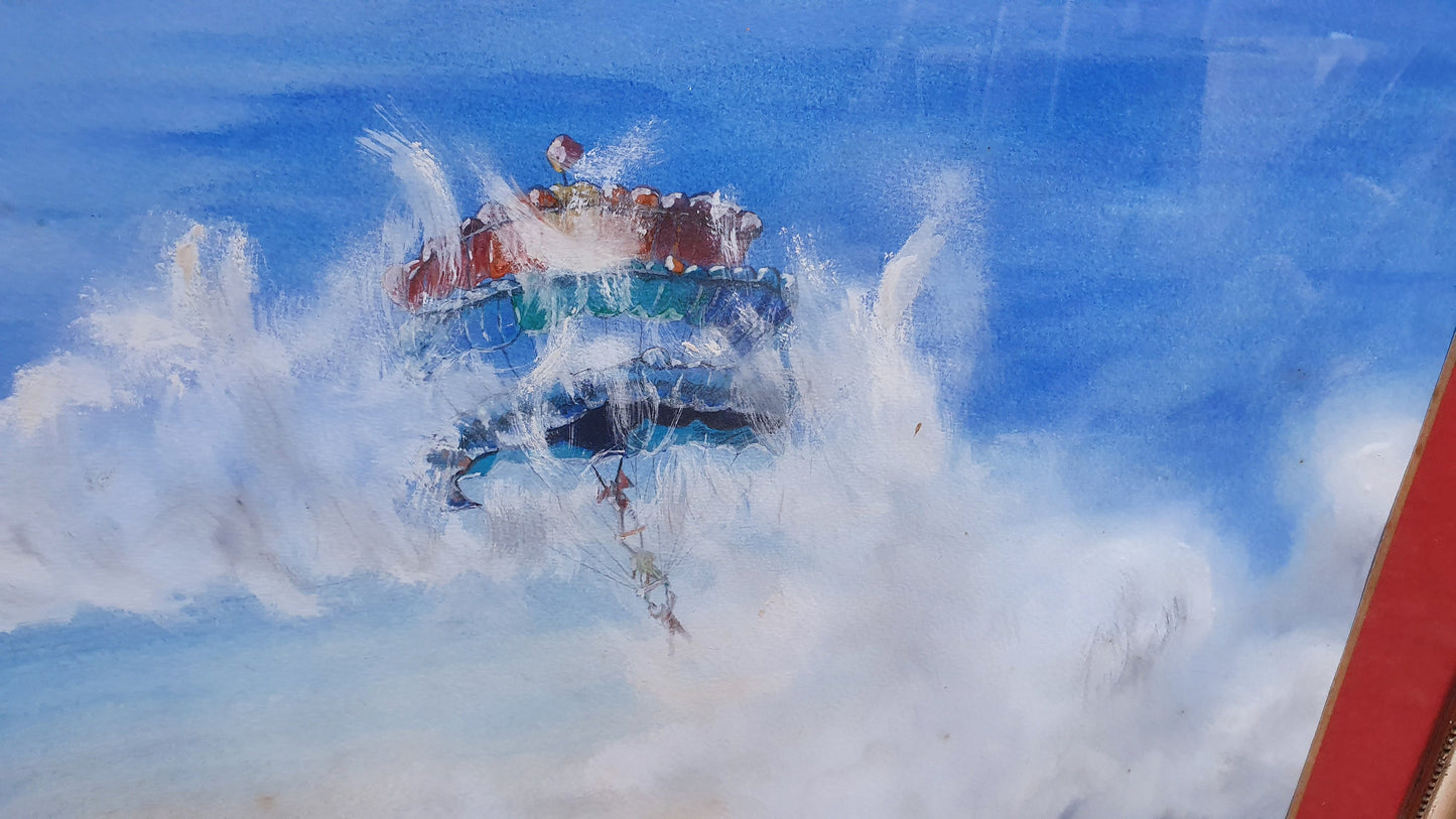 Huge Parachutes Original Signed Vintage Watercolour Modern Art Summer Blue Skies Clouds Gilt Framed 76 x 67 cm