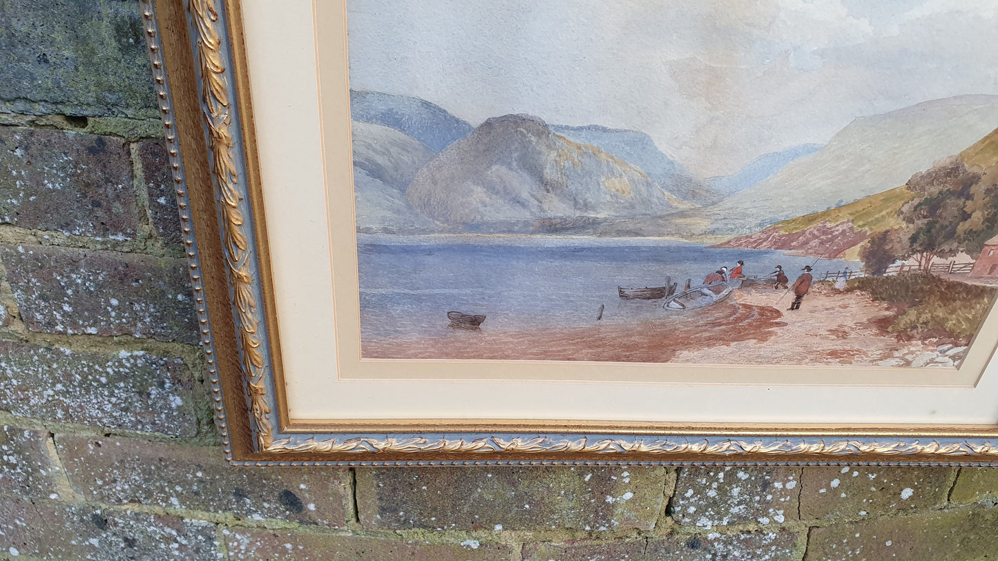 Scottish Loch Original Vintage Watercolour Painting English Lake Patterned Gilt Frame