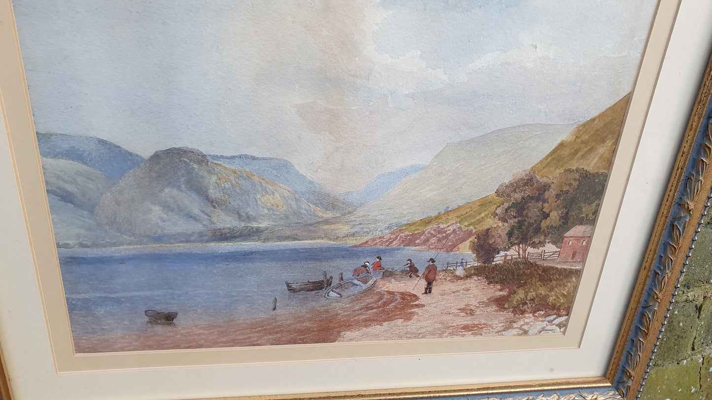 Scottish Loch Original Vintage Watercolour Painting English Lake Patterned Gilt Frame