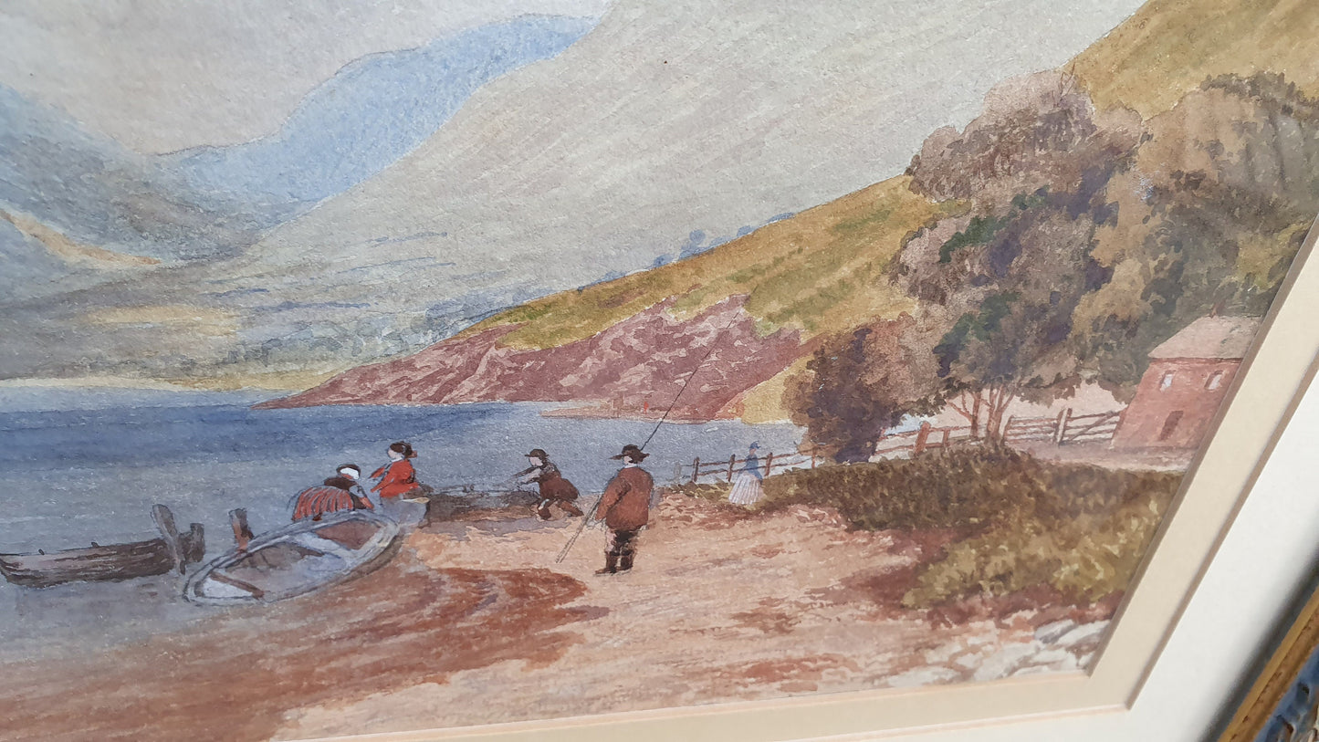 Scottish Loch Original Vintage Watercolour Painting English Lake Patterned Gilt Frame