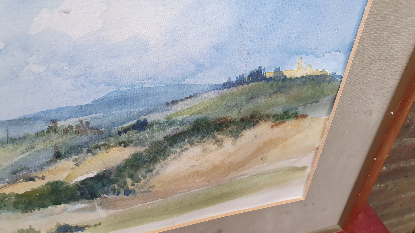 Large Original 'Tuscany' Vintage 1970s Italian Country Landscape Watercolour Italy Original Artwork Painting Gilt Frame