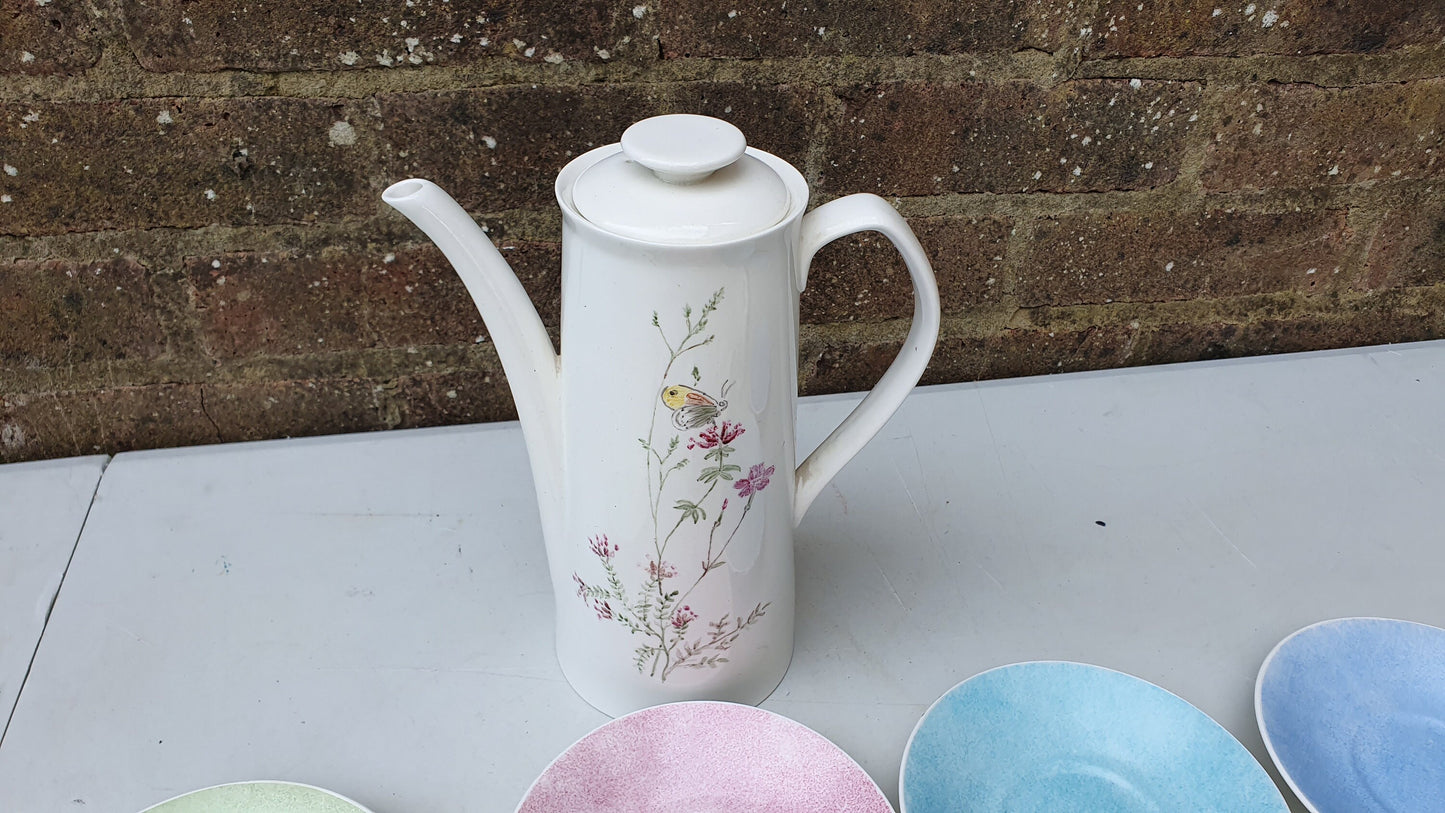 Vintage Ceramic Retro Coffee Set Pot with 4 Cups Saucers Floral Butterfly Pattern