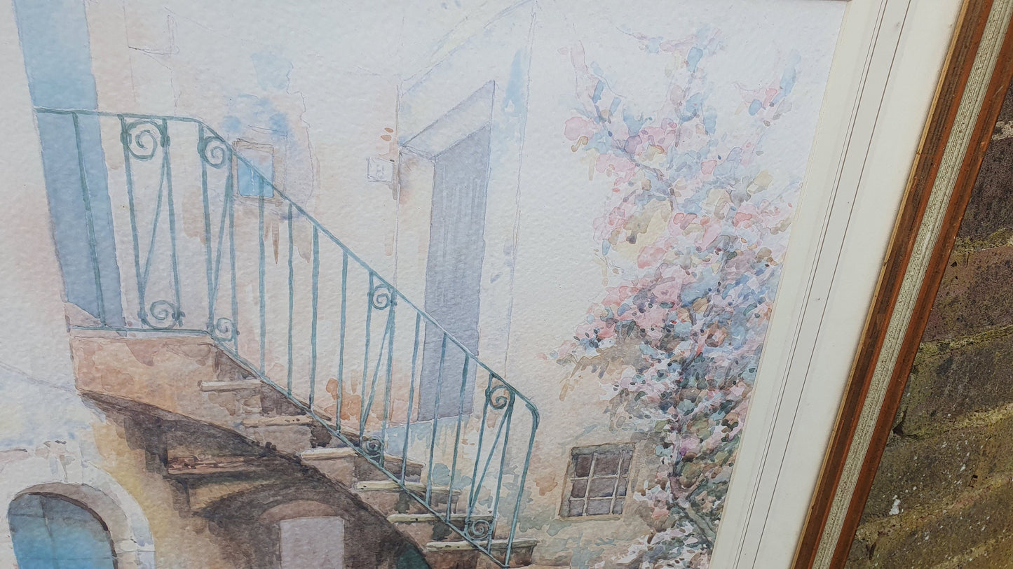 Huge Wonderful 'Vecchio Cortile' Italian Original Signed M. Marten Watercolour Sicily Cottage Steps Framed 74 x 54.5 cm
