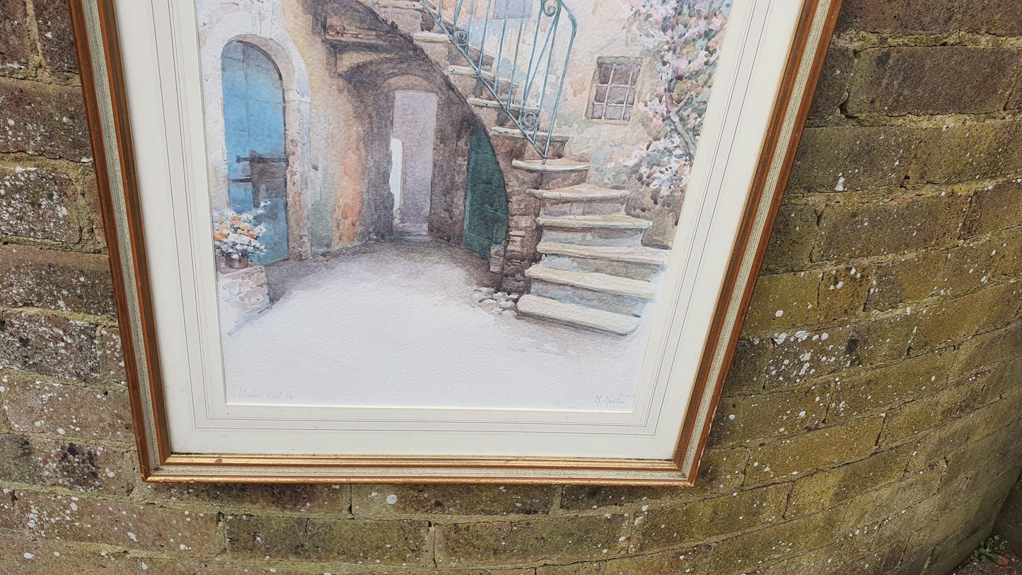 Huge Wonderful 'Vecchio Cortile' Italian Original Signed M. Marten Watercolour Sicily Cottage Steps Framed 74 x 54.5 cm