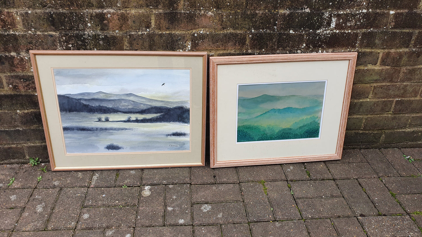 Large Quality Pair of Landscape Watercolours Vintage British Artwork Signed Impressionist Forest Hills River Countryside Framed