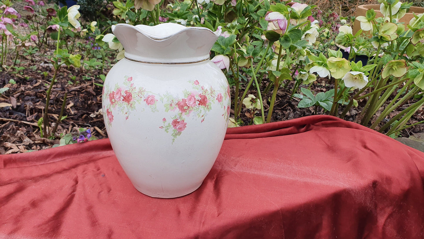 Pink Roses and White Vintage White Ewer Jug From Basin Set Victorian Ceramic Vase