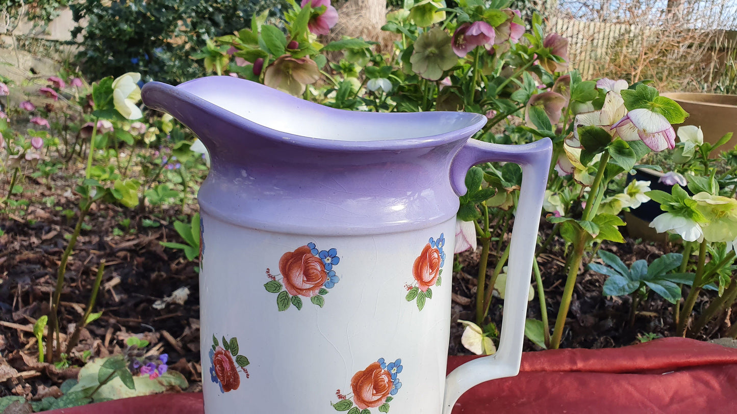 Superb Huge Floral and White Vintage White Ewer Jug From Basin Set Victorian Pink Roses Ceramic Jug 1920’s.
