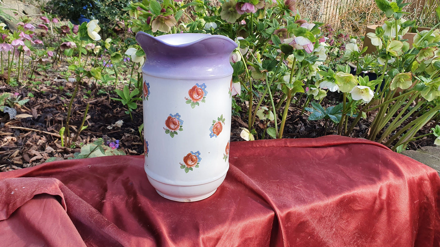Superb Huge Floral and White Vintage White Ewer Jug From Basin Set Victorian Pink Roses Ceramic Jug 1920’s.