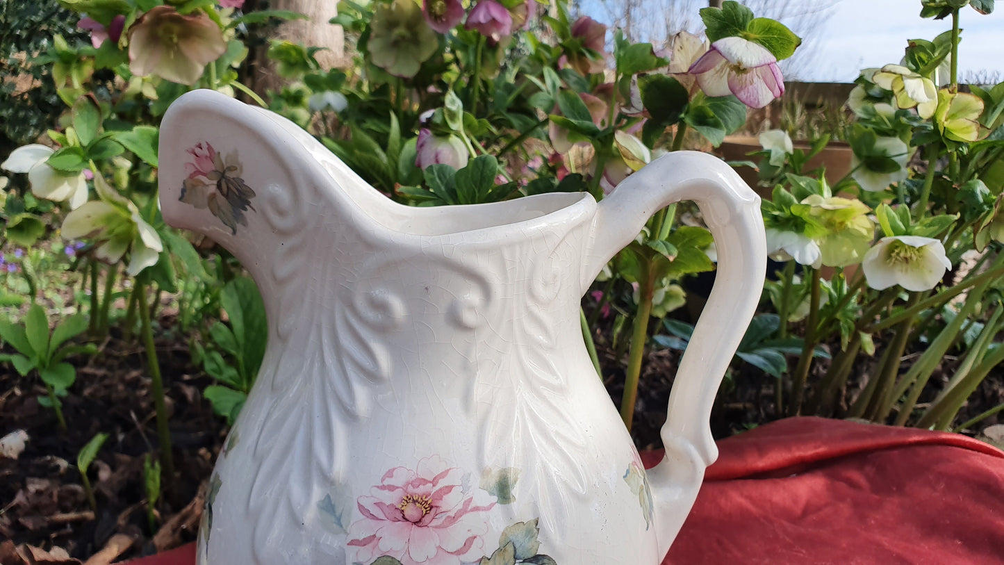 Large Flower and White Vintage White Ewer Jug Ceramic Ironstone 1960’s.