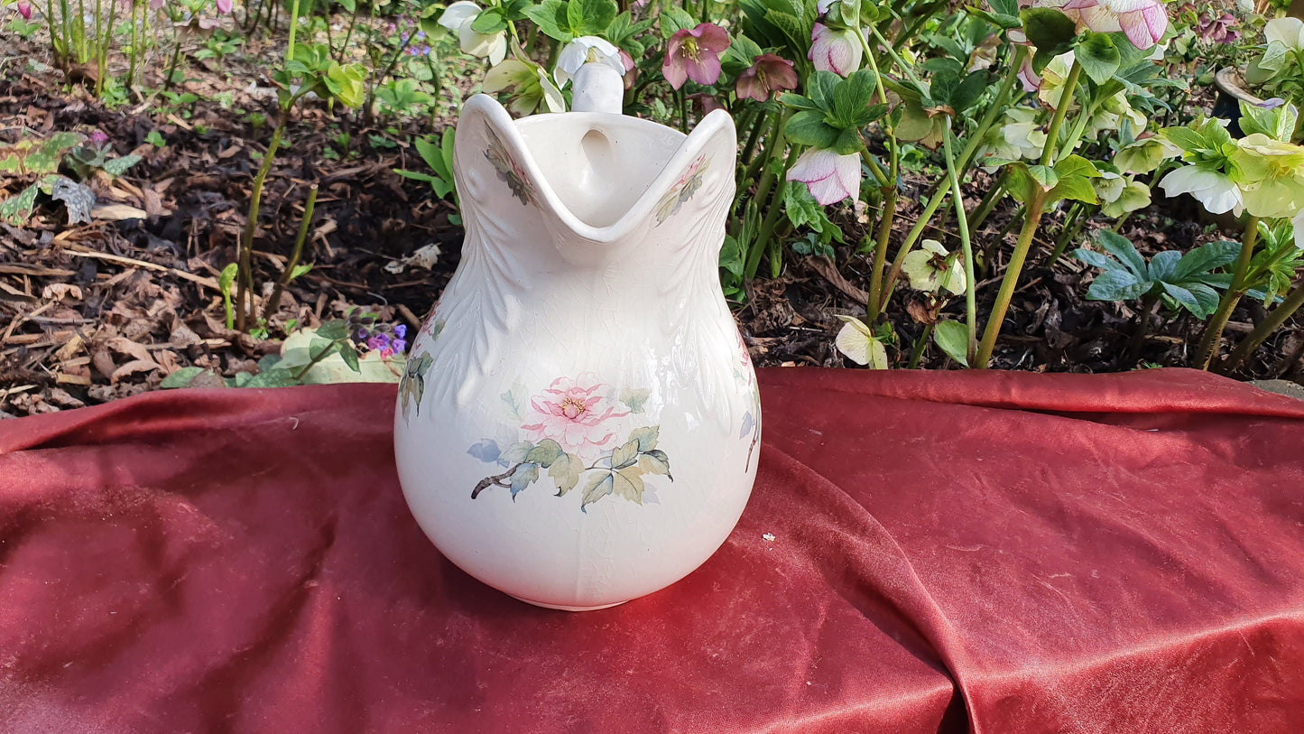 Large Flower and White Vintage White Ewer Jug Ceramic Ironstone 1960’s.