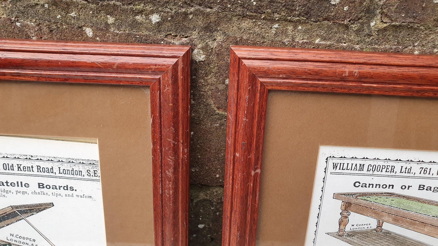 Pair of Hand-Coloured Bagatelle & Skittle Advertisement Prints Old Fashioned Advertising Matching Frames Mounts