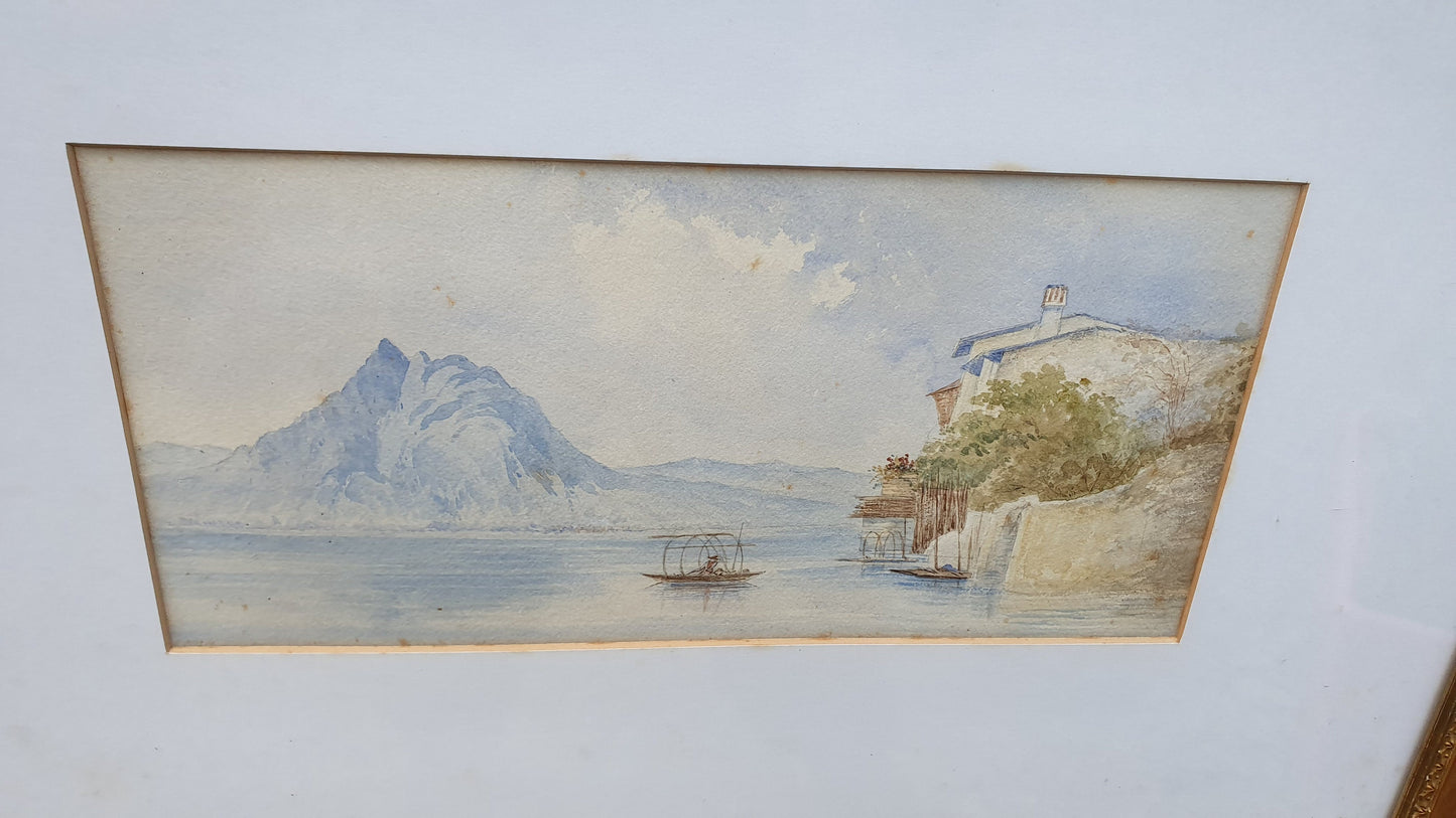 Deightful Lakeside Vintage Watercolour Original Art Summer Landscape Gilt frame