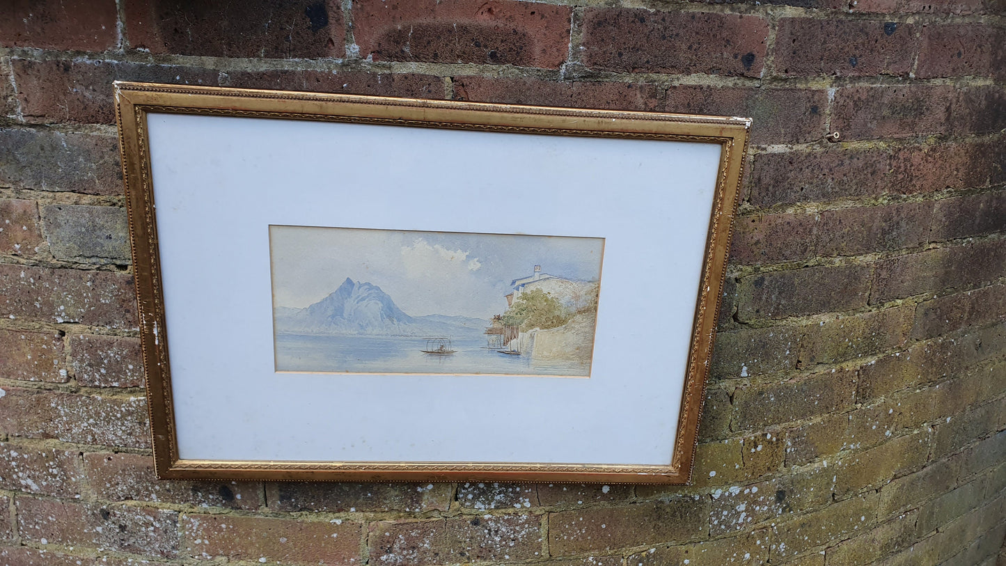 Deightful Lakeside Vintage Watercolour Original Art Summer Landscape Gilt frame