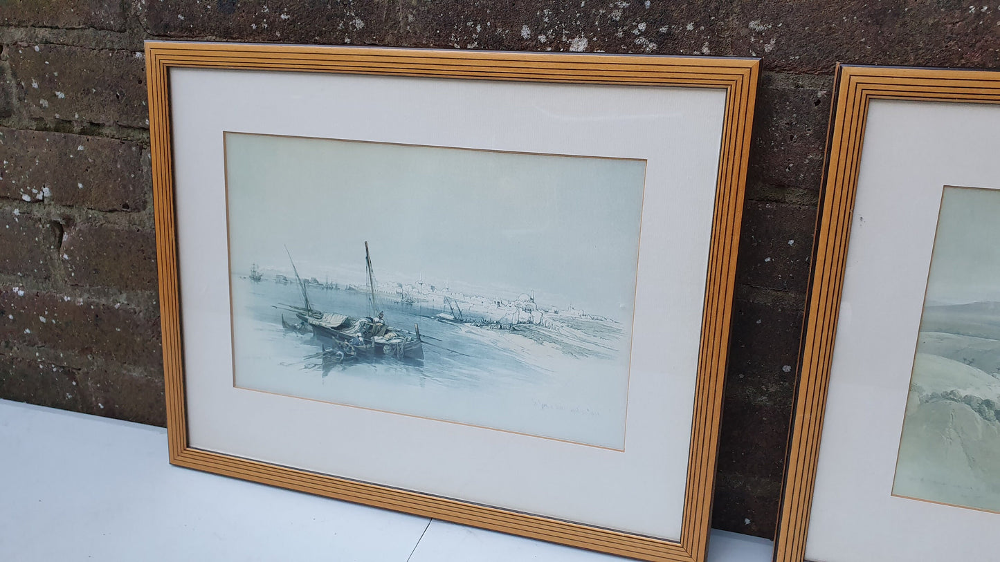 Pair of David Roberts Holy Land Landscape Antique Colour Art Prints Painting Matching Striped Wood Frames