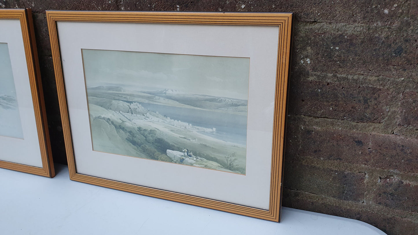 Pair of David Roberts Holy Land Landscape Antique Colour Art Prints Painting Matching Striped Wood Frames