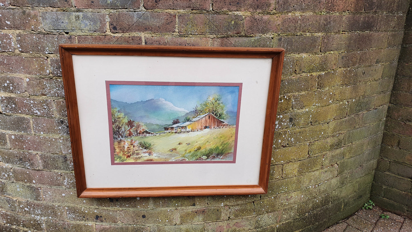 Large Mountain Chalet Vintage Original Watercolour Signed Painting Art Autumn Farmhouse Hillside Building Framed 71 x 55 cm