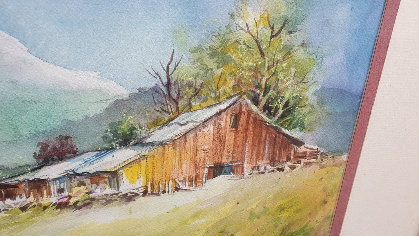 Large Mountain Chalet Vintage Original Watercolour Signed Painting Art Autumn Farmhouse Hillside Building Framed 71 x 55 cm