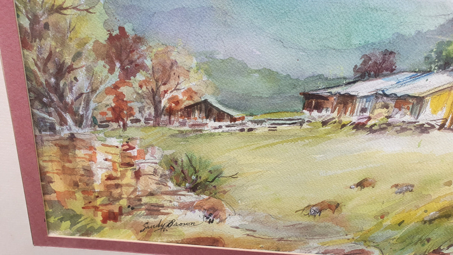 Large Mountain Chalet Vintage Original Watercolour Signed Painting Art Autumn Farmhouse Hillside Building Framed 71 x 55 cm