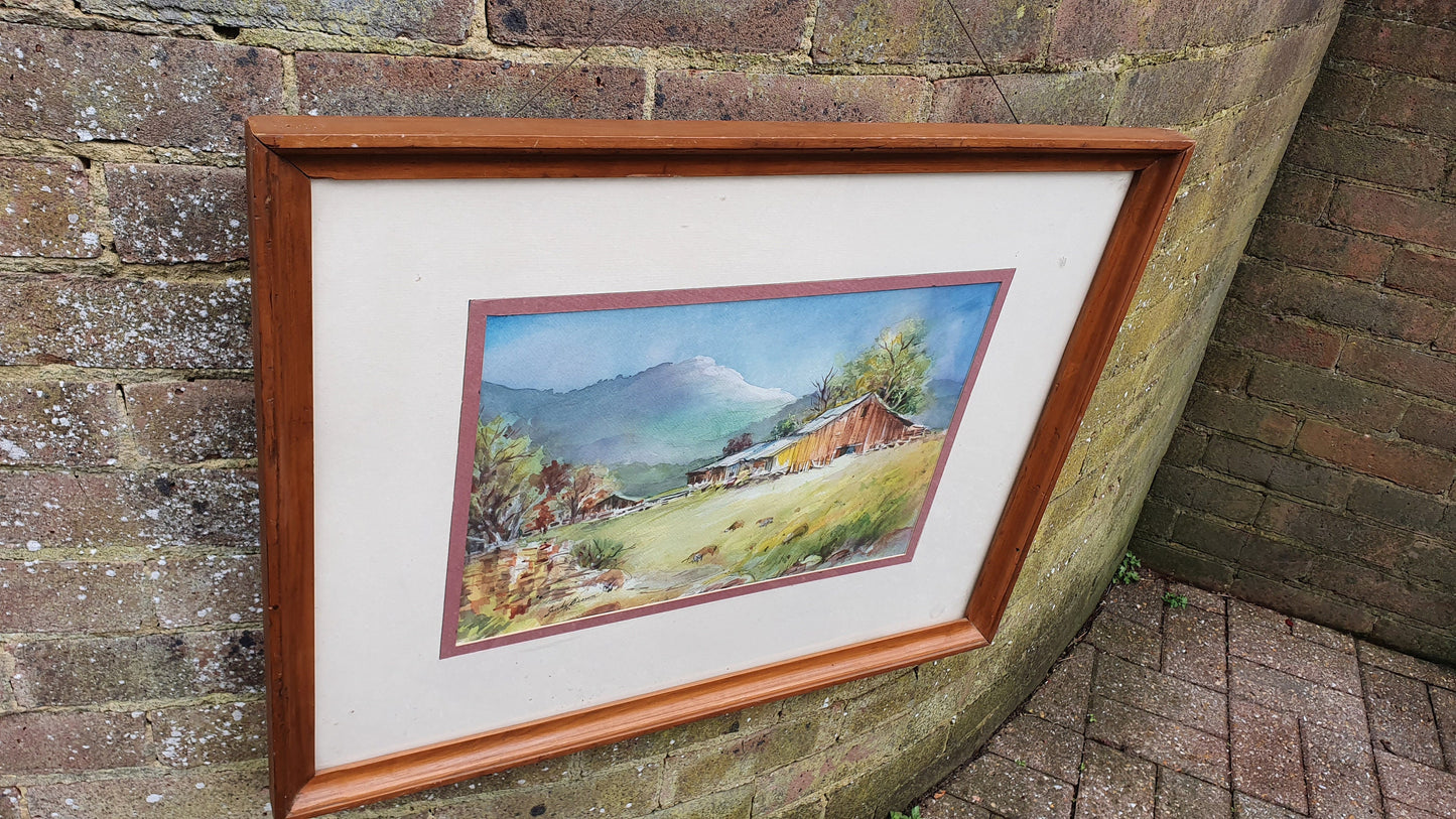 Large Mountain Chalet Vintage Original Watercolour Signed Painting Art Autumn Farmhouse Hillside Building Framed 71 x 55 cm