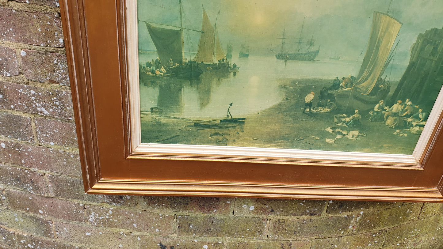 Large Quality 19th Century Harbour Scene Colour Art Print British Coast Nautical Landscape Gold Wood Frame Gilt 79 x 64.5 cm