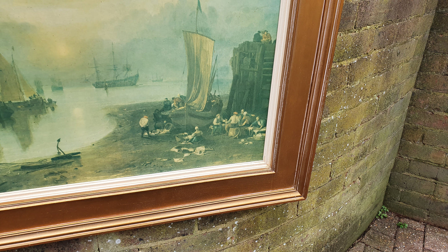 Large Quality 19th Century Harbour Scene Colour Art Print British Coast Nautical Landscape Gold Wood Frame Gilt 79 x 64.5 cm