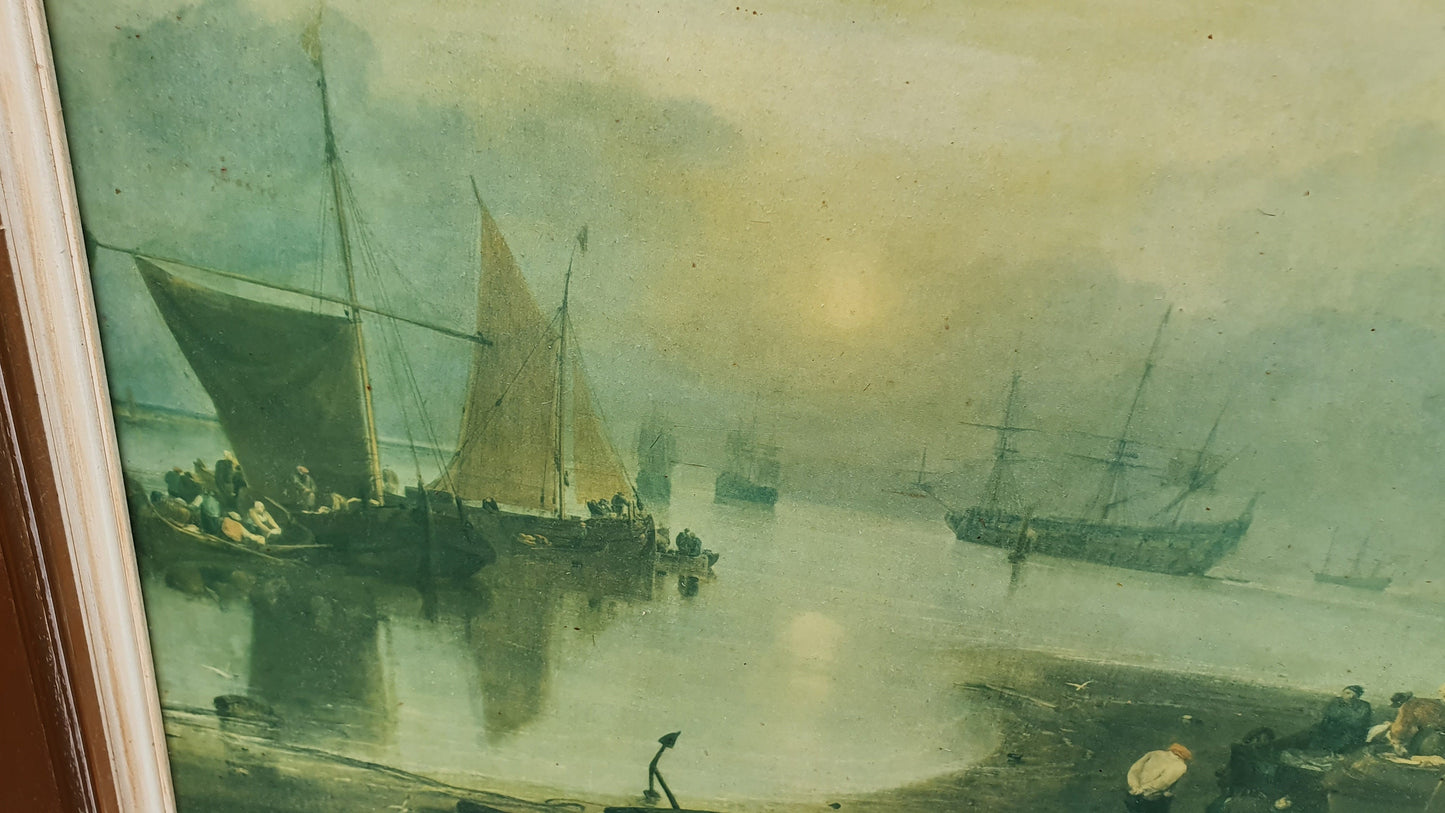 Large Quality 19th Century Harbour Scene Colour Art Print British Coast Nautical Landscape Gold Wood Frame Gilt 79 x 64.5 cm