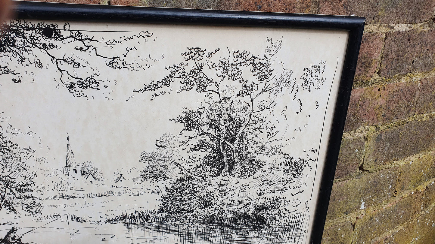 English Landscape Art Print Black & White Etching Countryside River Fishing Vintage Black Wood Frame