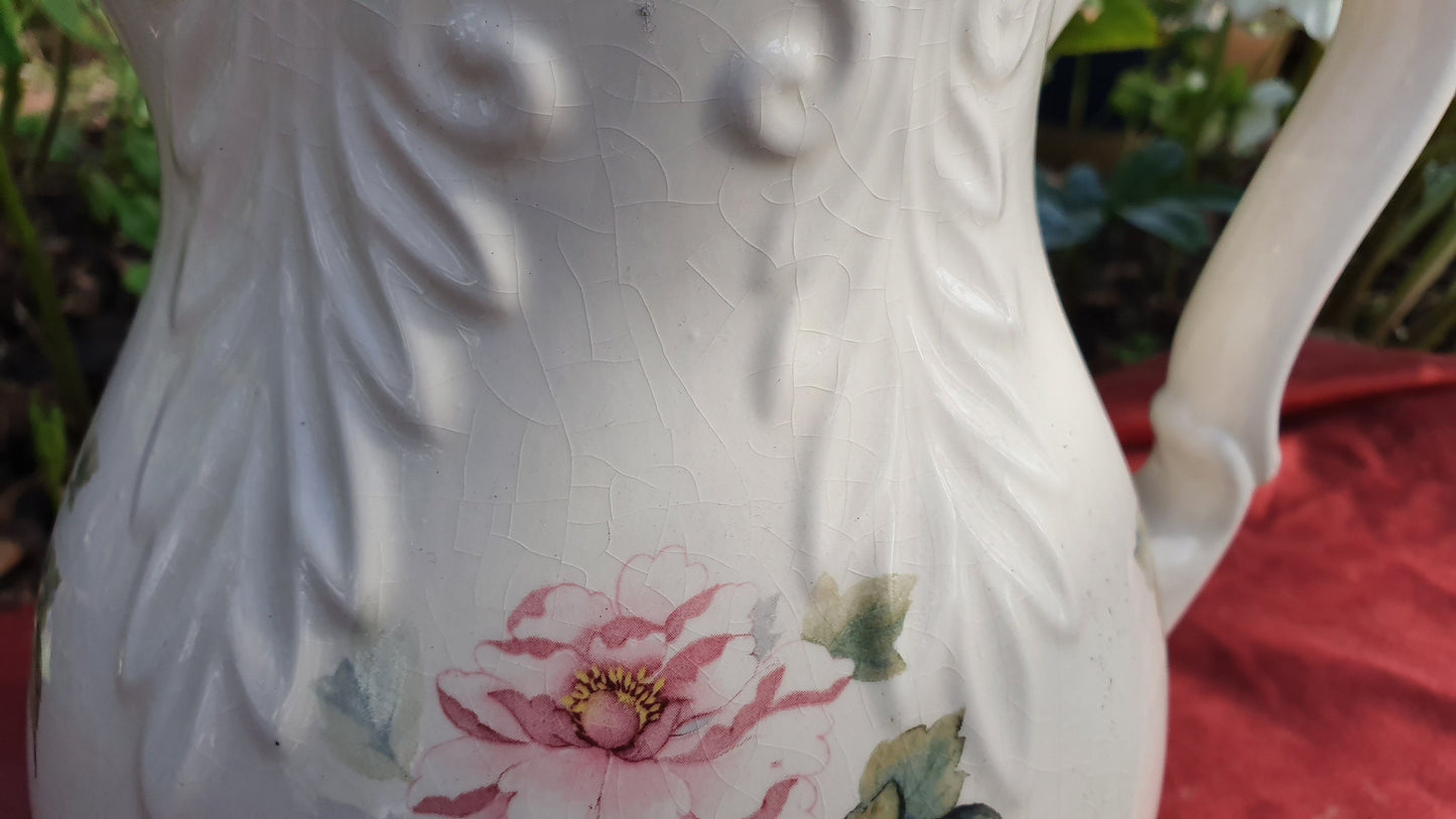 Large Flower and White Vintage White Ewer Jug Ceramic Ironstone 1960’s.