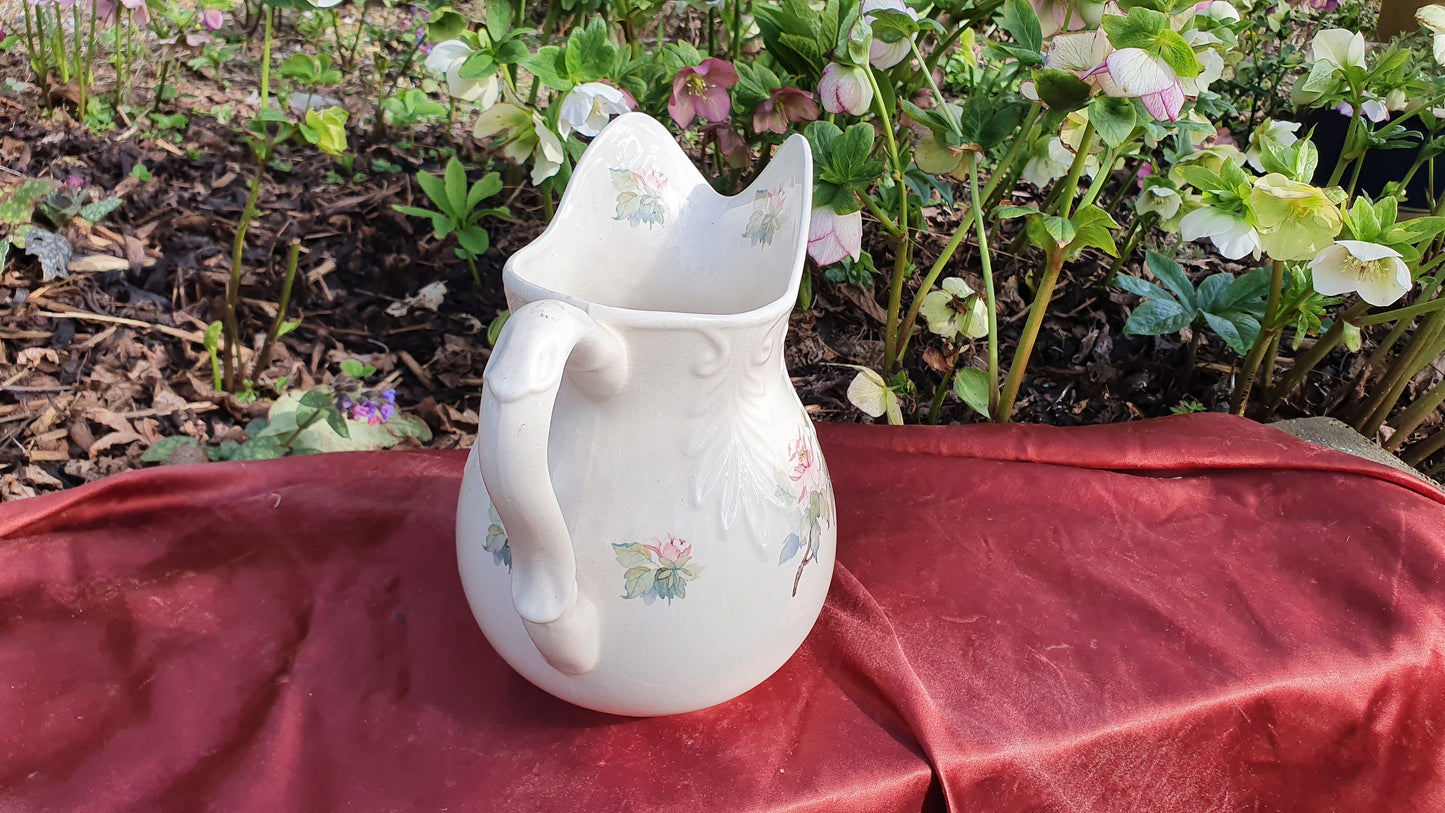 Large Flower and White Vintage White Ewer Jug Ceramic Ironstone 1960’s.