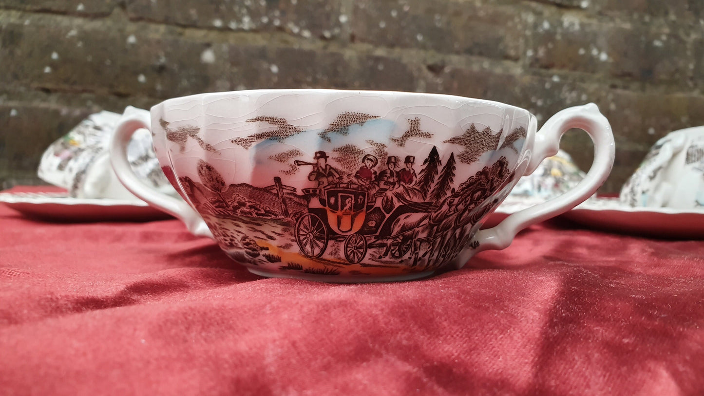 Vintage Soup Bowl Set Myott Royal Mail Staffordshire Ware Ironstone Saucers Coloured